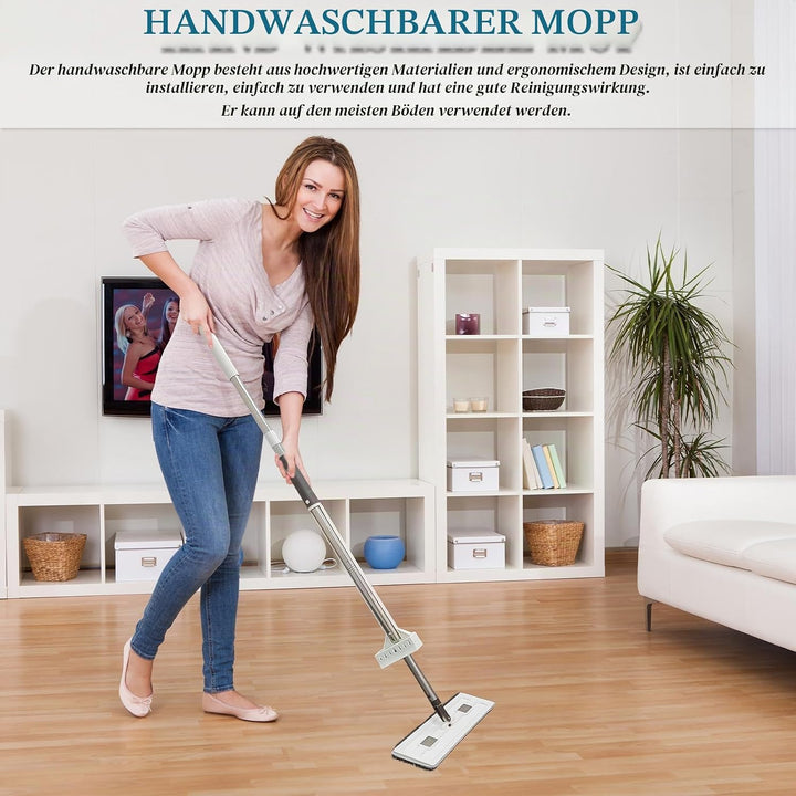 Grosser Flachmopp mit Auswringfunktion, dellyy Flachmopp, 360° Drehgelenk Bodenwischer Wischmopp Set