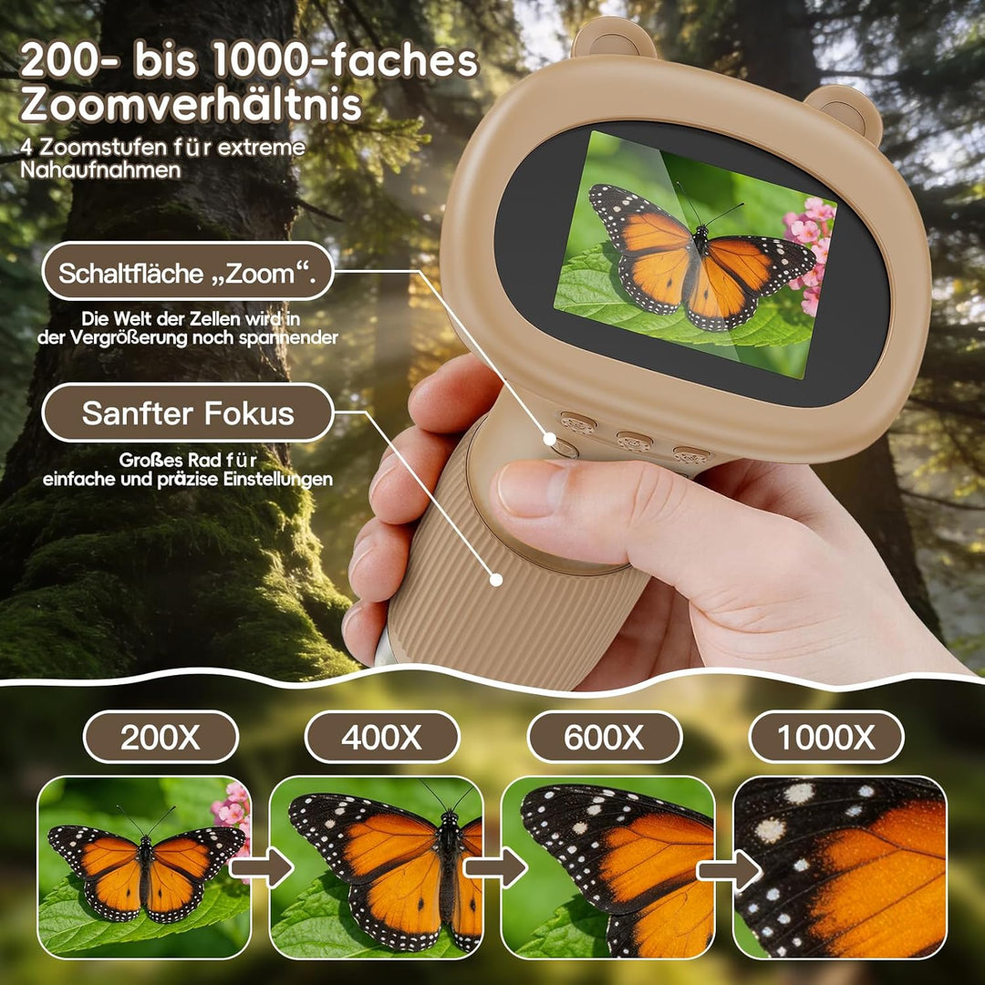 Mikroskop für Kinder - Tragbares Kinder Mikroskop 1000X, Braun | 1000X Taschenmikroskop mit Digitale