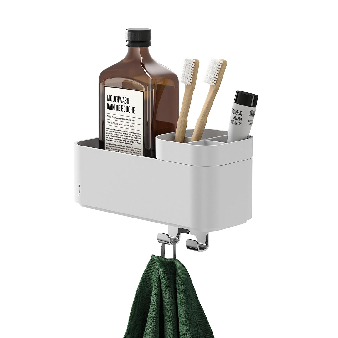 Tiger 2-Store Badezimmerablage mit integriertem Zahnbürstenhalter und Haken, Badregal für Dusche und