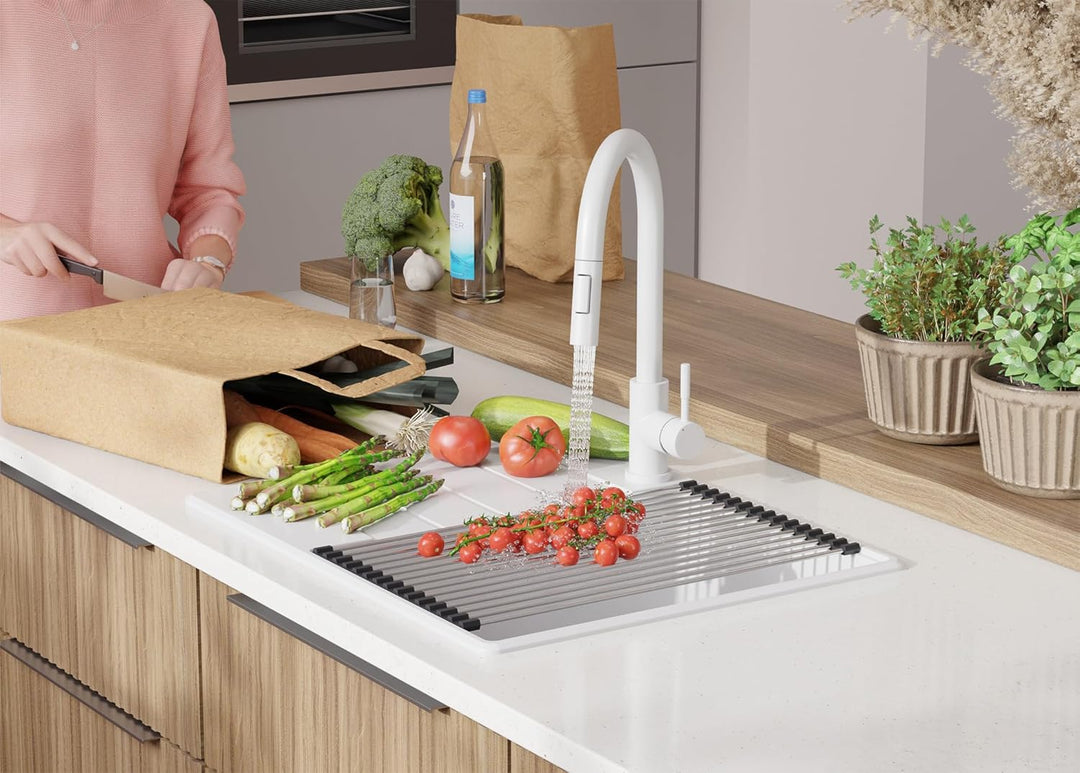 PRIMAGRAN Granitspüle Weiss 62x50cm, Granitspüle 1 Becken + Ablauf-Set, Küchenspüle ab 45er Untersch