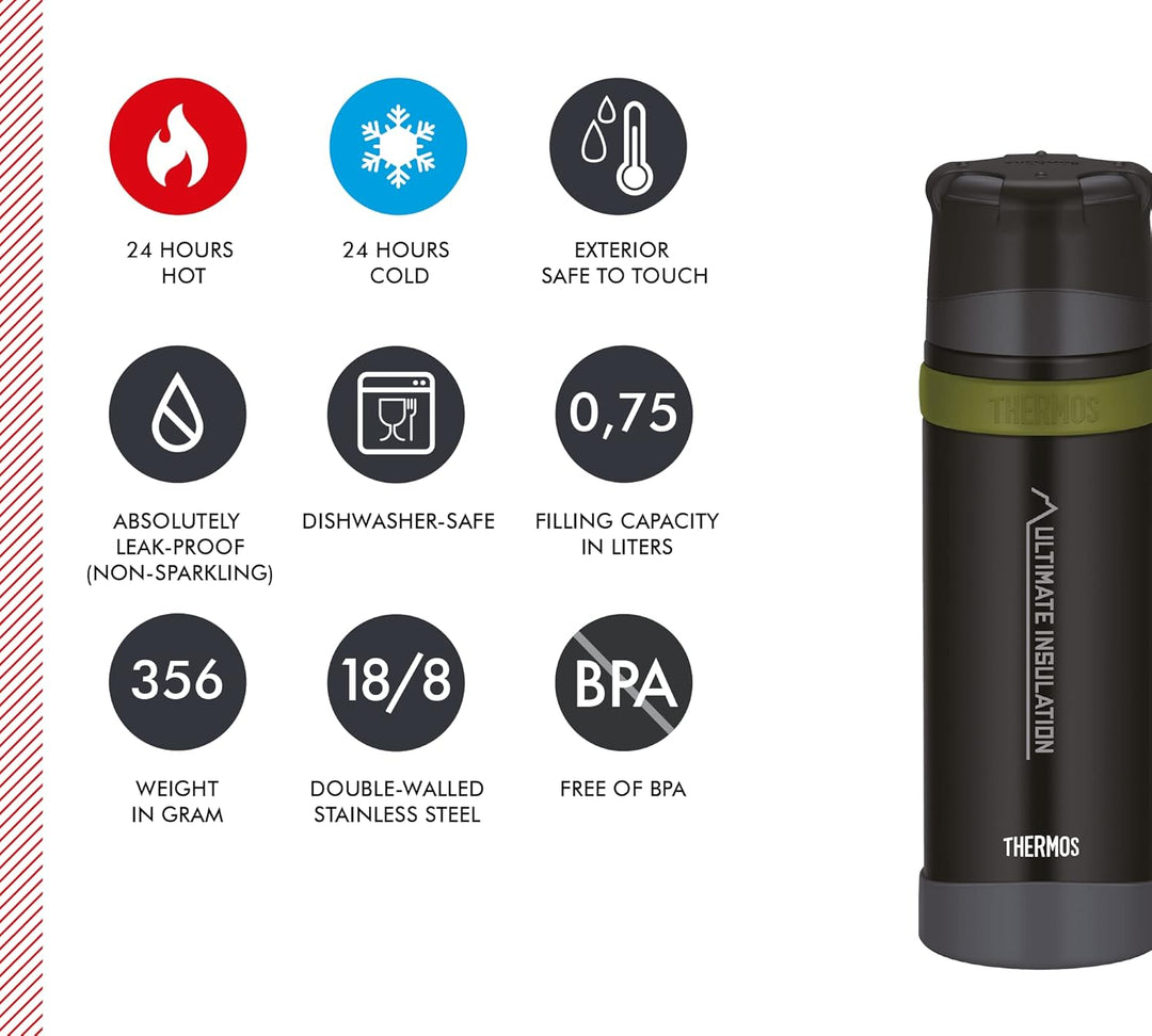 THERMOS MOUNTAIN BEVERAGE BOTTLE 0,75l, black, Thermosflasche Edelstahl mit Trinkbecher, 24 h heiss