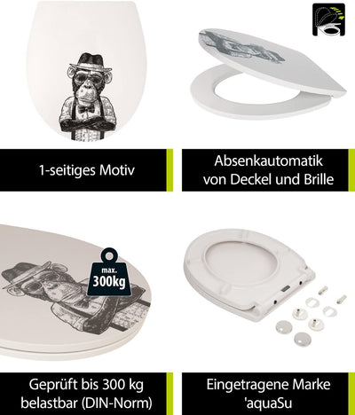 'aquaSu® WC-Sitz mit Absenkautomatik, lustiges Dekor Stadtaffe, abnehmbar, antibakterieller Duroplas