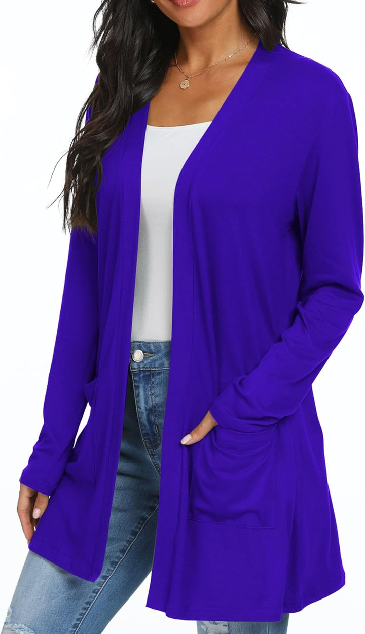QIXING Casual Leichte Strickjacke Damen Lang Elegant Dünne Strickjacke Lange Ärmel mit Taschen Open
