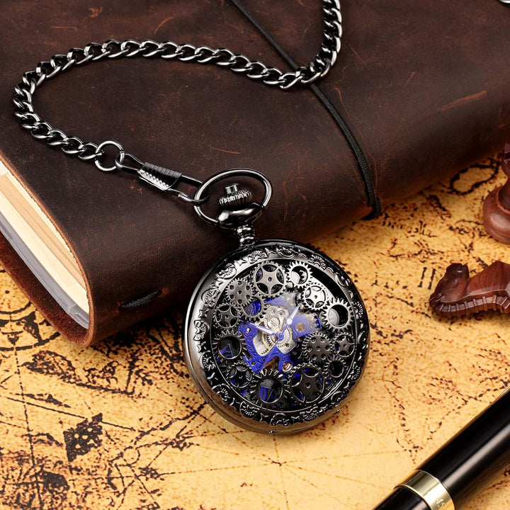TREEWETO Mechanische Skelett-Taschenuhr für Herren und Damen, Bronze-Ausrüstung, hohles Gehäuse, Ste