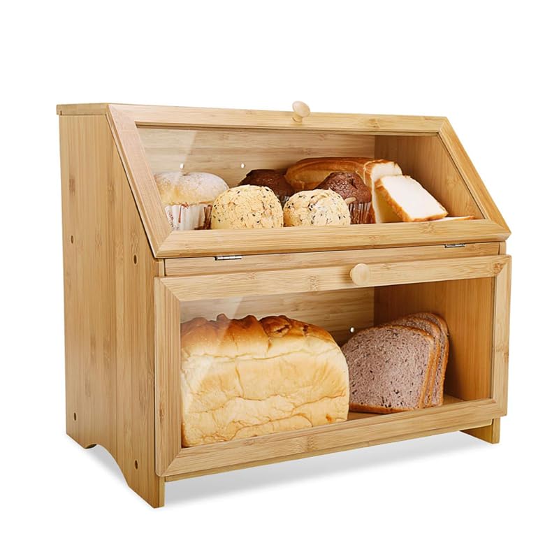 BRAVECOW Natürlich Bambus brotkasten,brotkasten holz Zweischichtig, mit Deckel brotkorb, brot aufbew