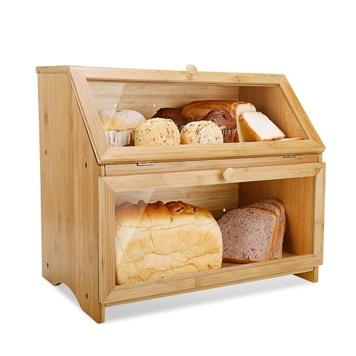 BRAVECOW Natürlich Bambus brotkasten,brotkasten holz Zweischichtig, mit Deckel brotkorb, brot aufbew