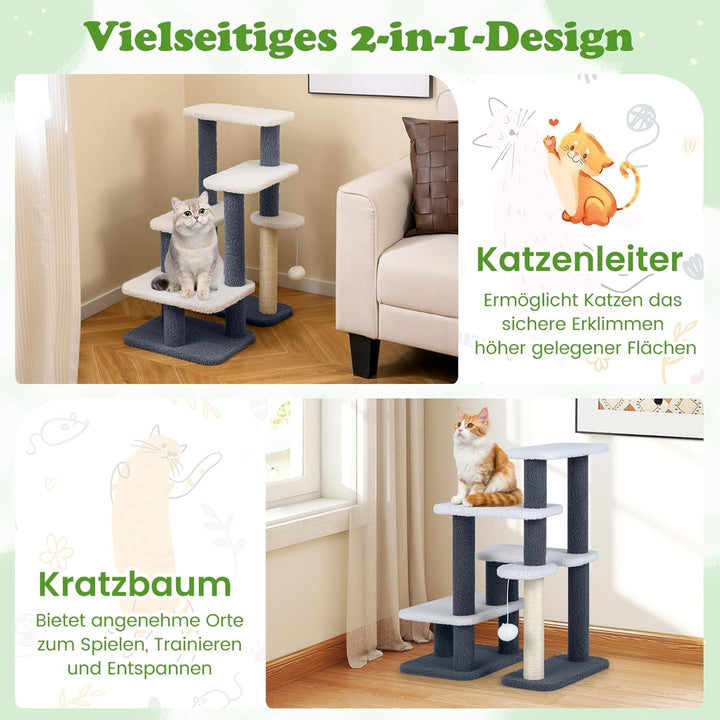 GYMAX 5 Stufen Katzentreppe, stabile Tiertreppe mit Sisal-Kratzstamm, Spielball & Plüschsitzfläche,