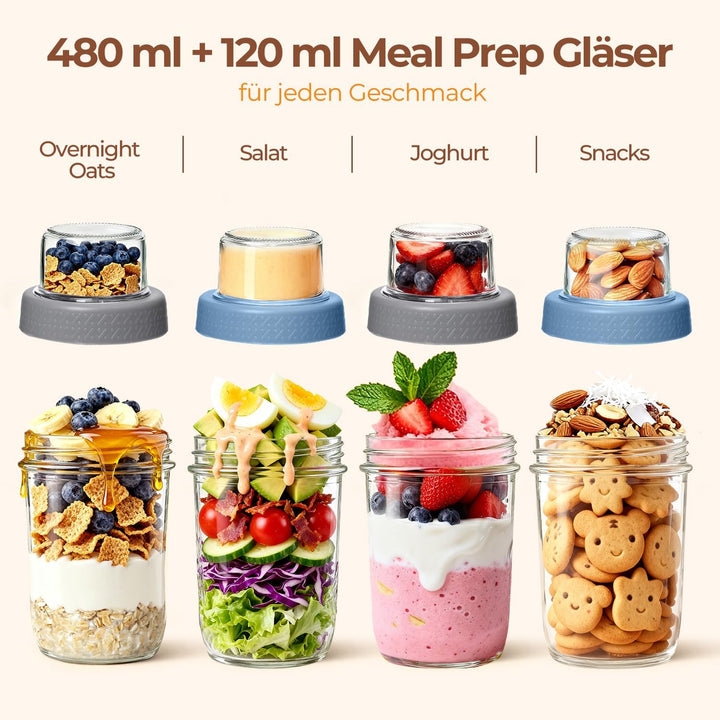 ComSaf Joghurtbecher to Go 2er Set, 480 ml Overnight Oats Gläser aus Glas mit 120 ml Topping-Fach, M
