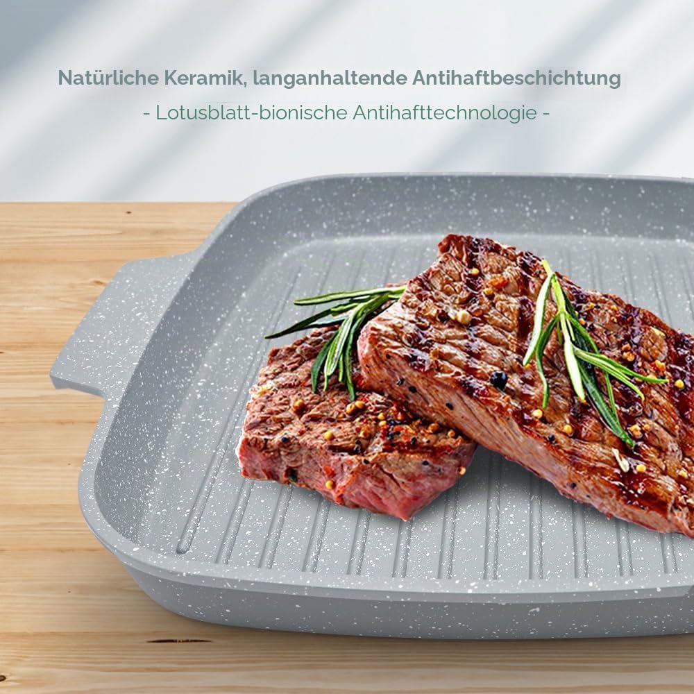 Grillpfanne mit Deckel 26 x 24 cm, Antihaft Keramikbeschichtung, Grill Pfanne mit Abnehmbarer Griff