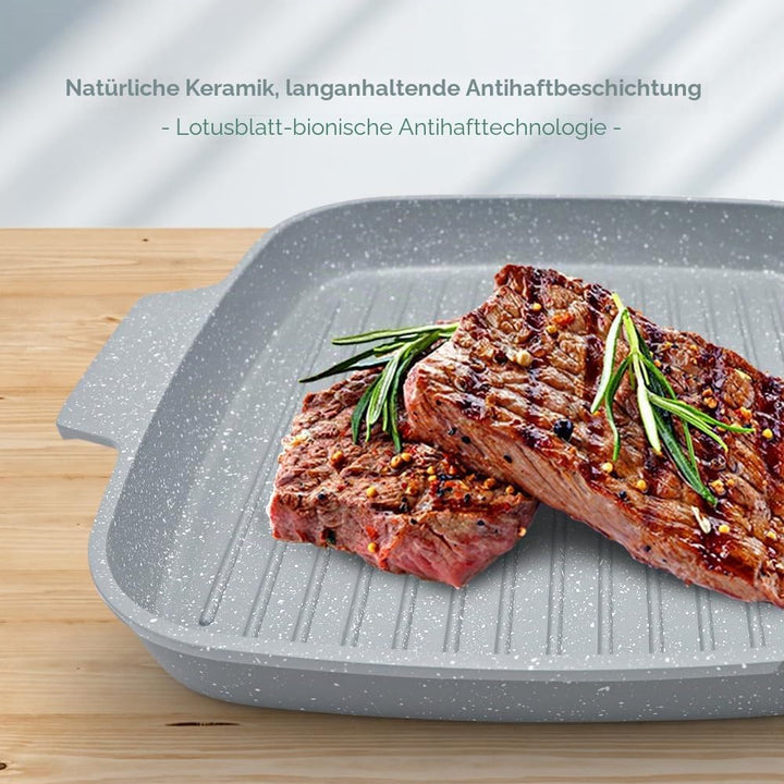 Grillpfanne mit Deckel 26 x 24 cm, Antihaft Keramikbeschichtung, Grill Pfanne mit Abnehmbarer Griff