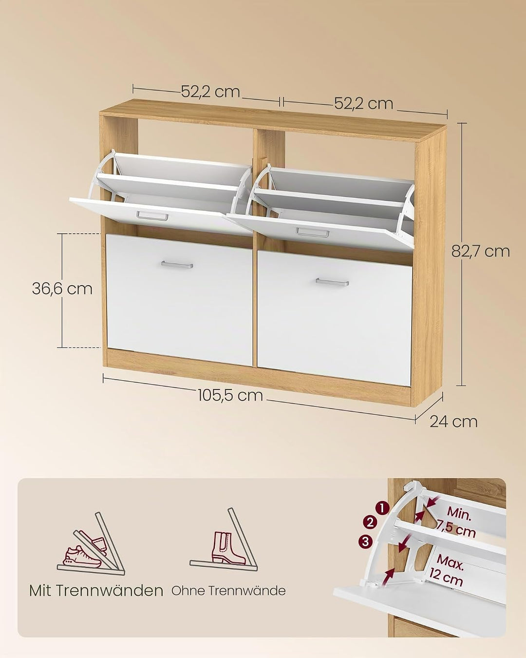 VASAGLE Custos Kollektion - Schuhschrank, Schuhkipper, Schuhregal, Schuhaufbewahrung, Trennwand vers