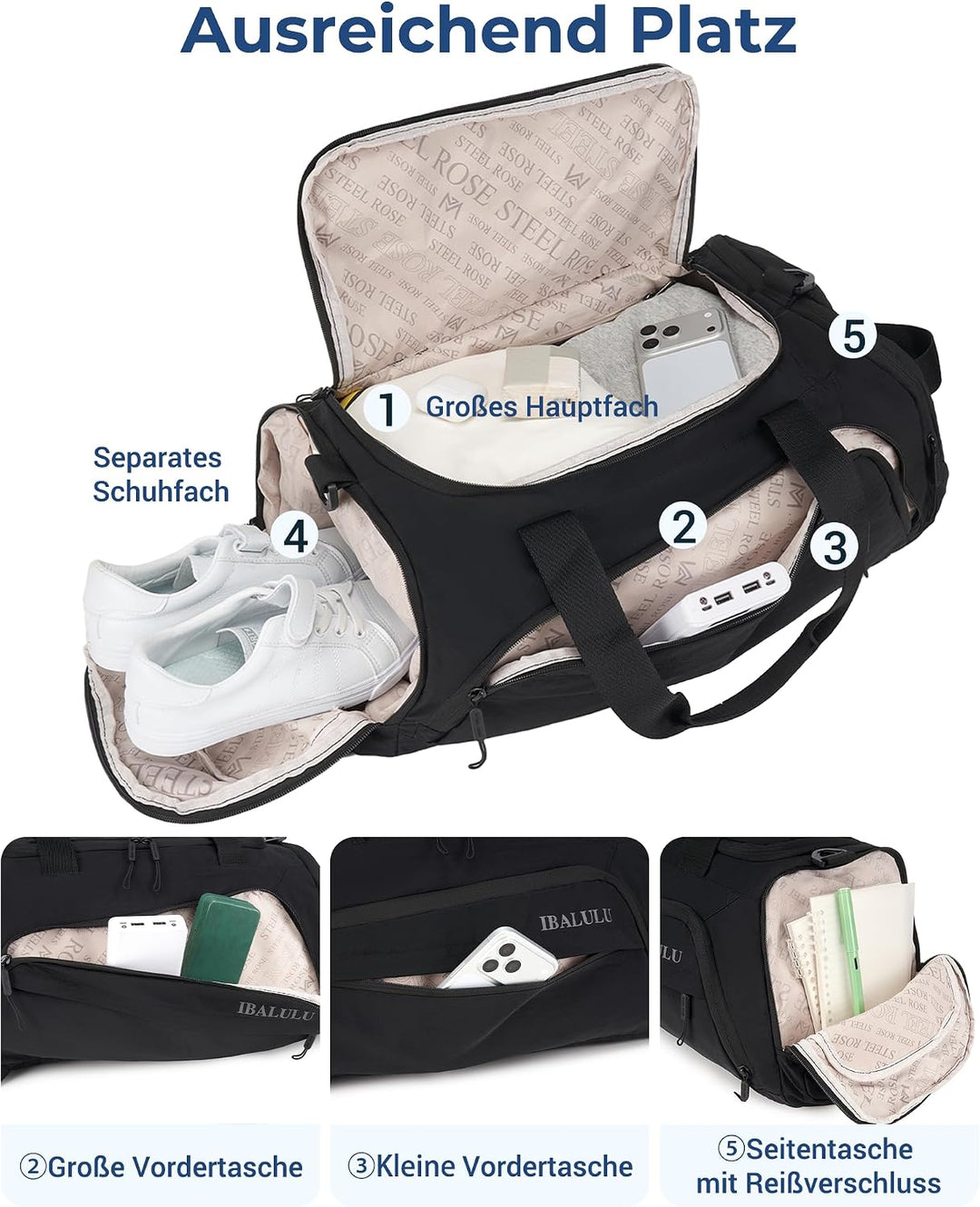 Sporttasche mit Rucksackfunktion - Reisetasche mit Schuhfach und Nassfach, Wasserdicht Gym Bag für H