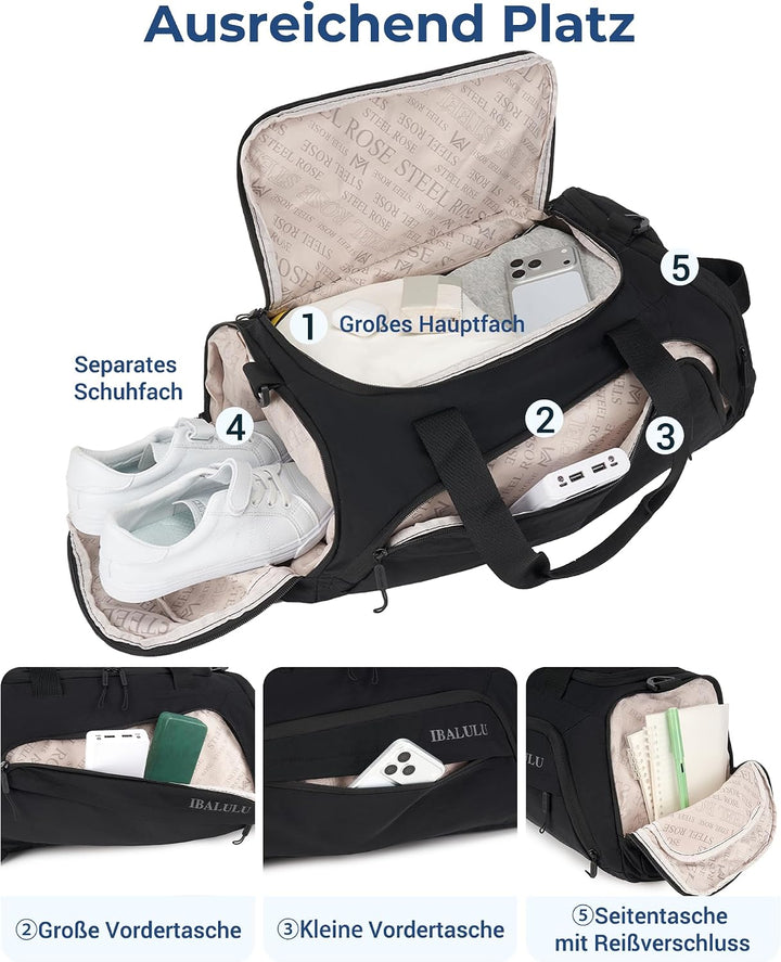 Sporttasche mit Rucksackfunktion - Reisetasche mit Schuhfach und Nassfach, Wasserdicht Gym Bag für H