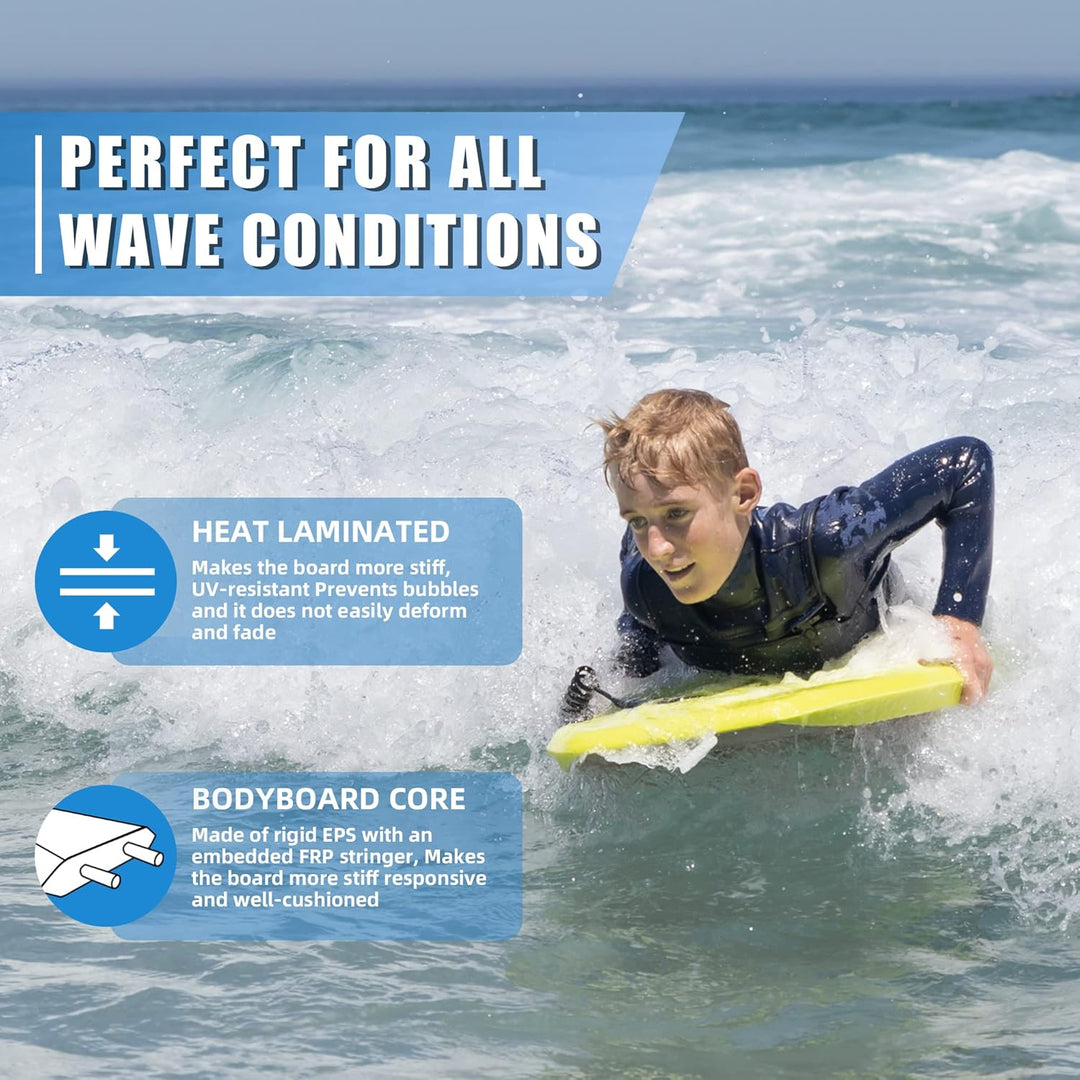 Body Boards for Beach Lightweight Durable Body Board with EPS Core Dual Channel Double Swivel Coiled