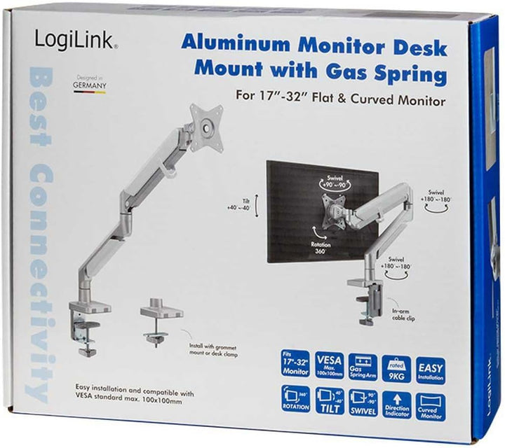LogiLink BP0086 - Alu Monitor-Schreibtischhalterung für 17-32 Zoll (LCD, LED, OLED, …) mit Gasdruckf