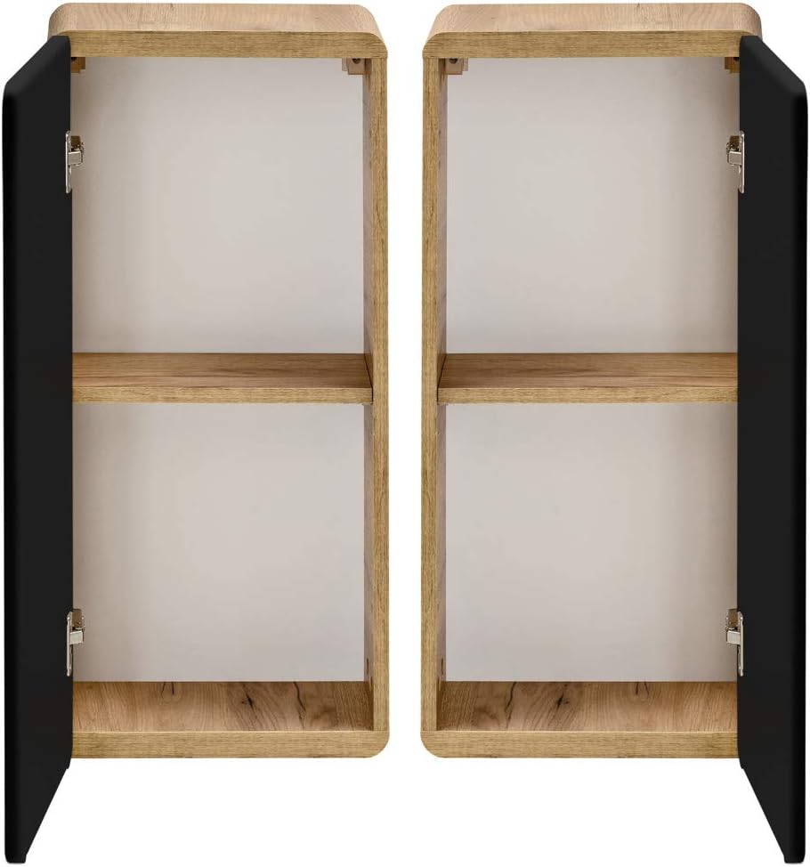 Lomadox Badmöbel Hängeschrank seidenmatt anthrazit mit Wotan Eiche Nb., 1-türig, Schwarz Wall Cabine