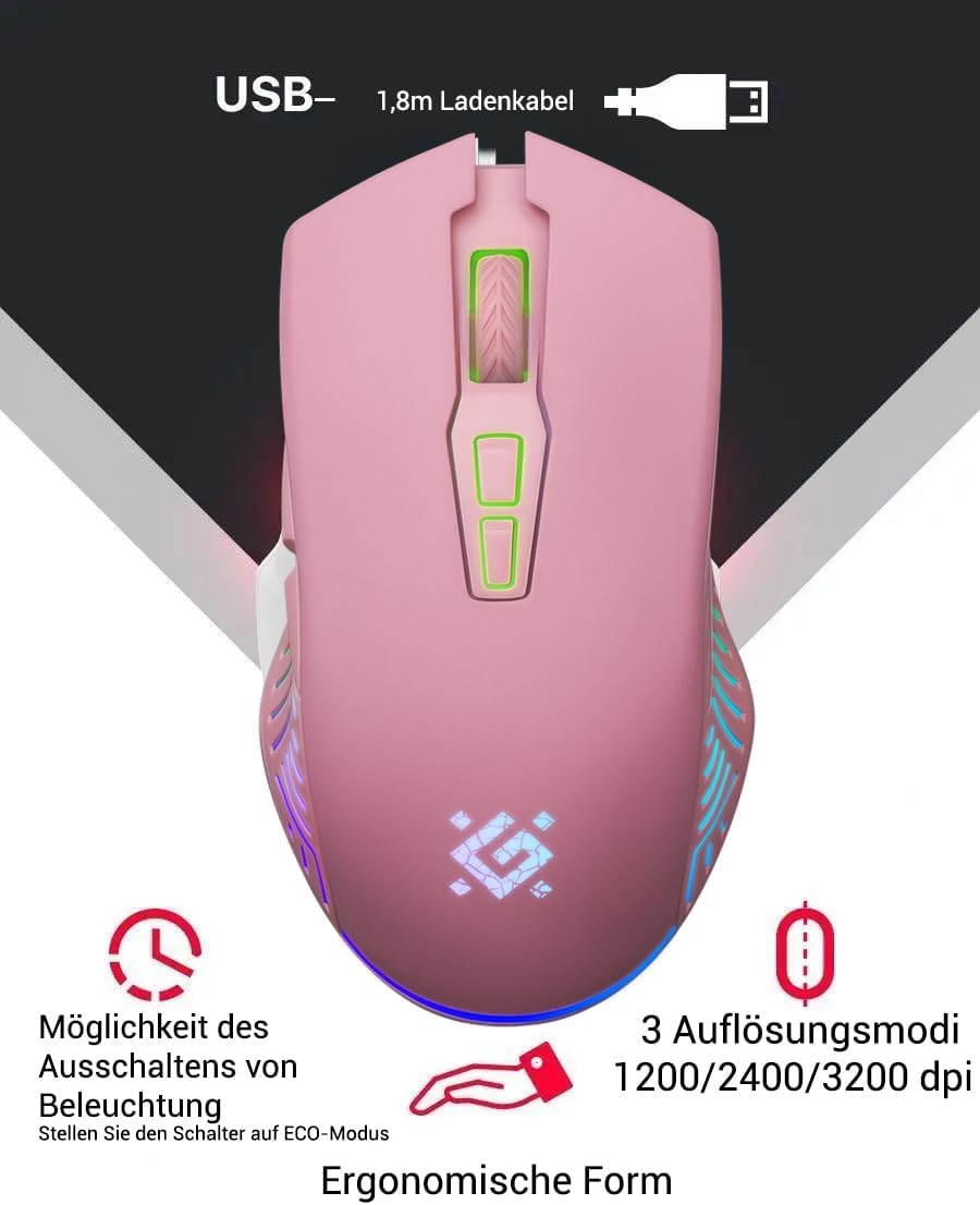 Defender® Pandora Kabellose Gaming Maus - Geräuschlose Klicks - 5 programmierbare Tasten - RGB-Beleu