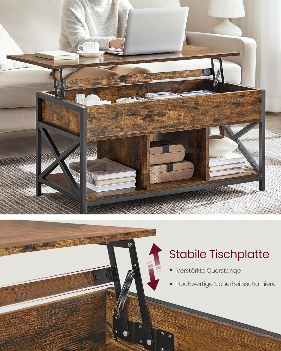 VASAGLE Couchtisch, höhenverstellbarer Wohnzimmertisch, Kaffeetisch, mit verstecktem Stauraum und of