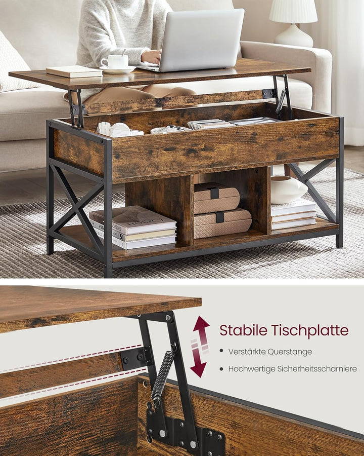 VASAGLE Couchtisch, höhenverstellbarer Wohnzimmertisch, Kaffeetisch, mit verstecktem Stauraum und of