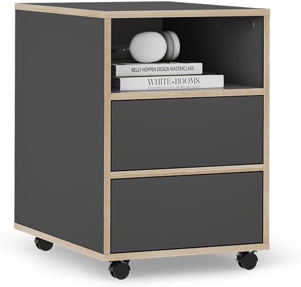 Vicco Rollcontainer Tetrix, Anthrazit, 42 x 55 cm mit Regalen und 2 Schubladen, Anthrazit