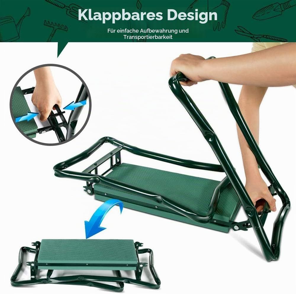 Kniebank für Gartenarbeit, gepolsterter Sitz, Klappbar, Arbeitshocker mit Werkzeugtasche, 59 x 49 x