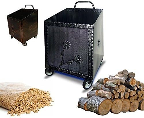 Wagen-Holzkorb Schmiedeeisen schwarz/kupfer mit Rollen cm 43 x 37 x 72h