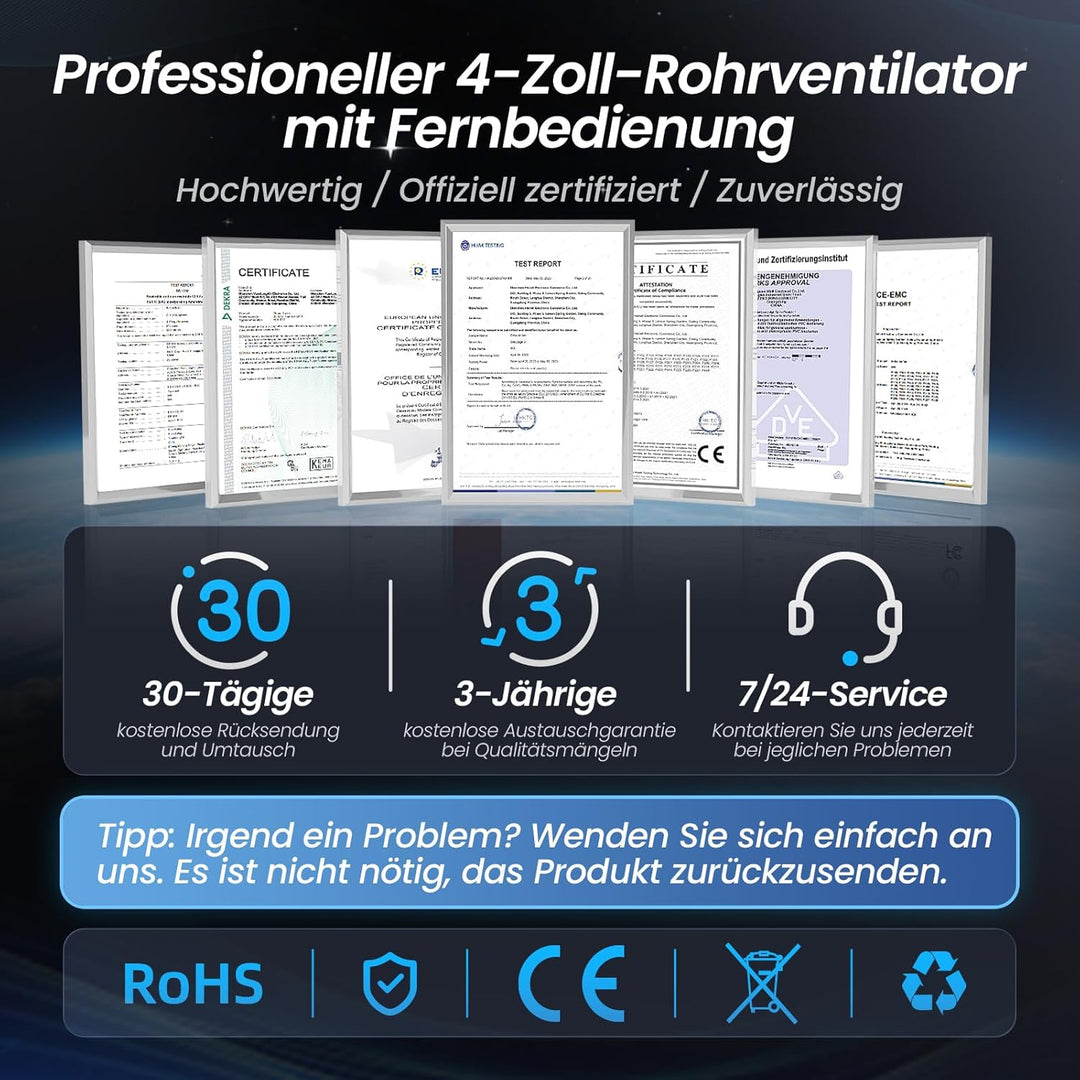 MOCINE Elektronische Lüfter, 100mm Rohrventilator mit Fernbedienung, 2 Modi & 6 Geschwindigkeiten, D