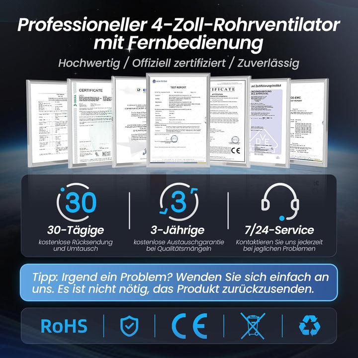 MOCINE Elektronische Lüfter, 100mm Rohrventilator mit Fernbedienung, 2 Modi & 6 Geschwindigkeiten, D