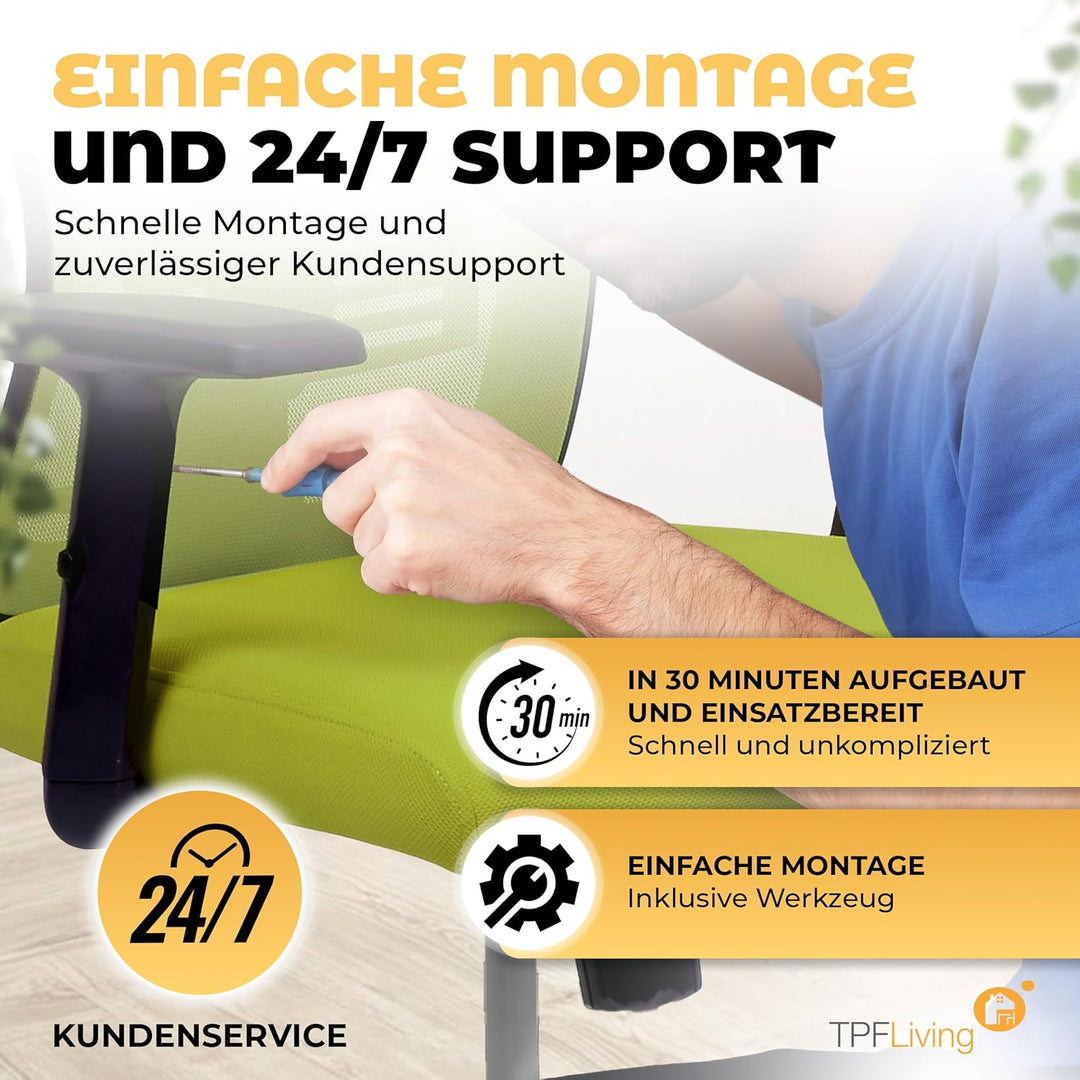 Bürostuhl Zeus (Grün) – Bürostuhl ergonomisch und komfortabel inkl. Verstellbarer Lordosenstütze & k