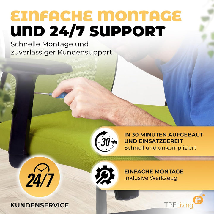 Bürostuhl Zeus (Grün) – Bürostuhl ergonomisch und komfortabel inkl. Verstellbarer Lordosenstütze & k