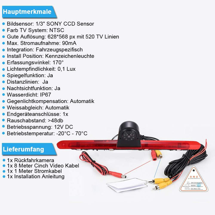 Navinio Auto Dritte Dach Top Mount Bremsleuchte Kamera Bremslicht Einparkkamera Rückfahrkamera IR Li