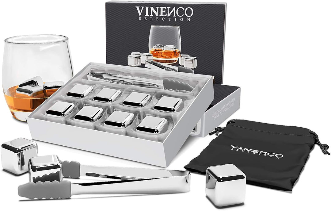 Whisky Steine Set - 8 Wiederverwendbare Edelstahl Eiswürfel, Zange + Stoffbeutel, Whiskey Ice Cubes