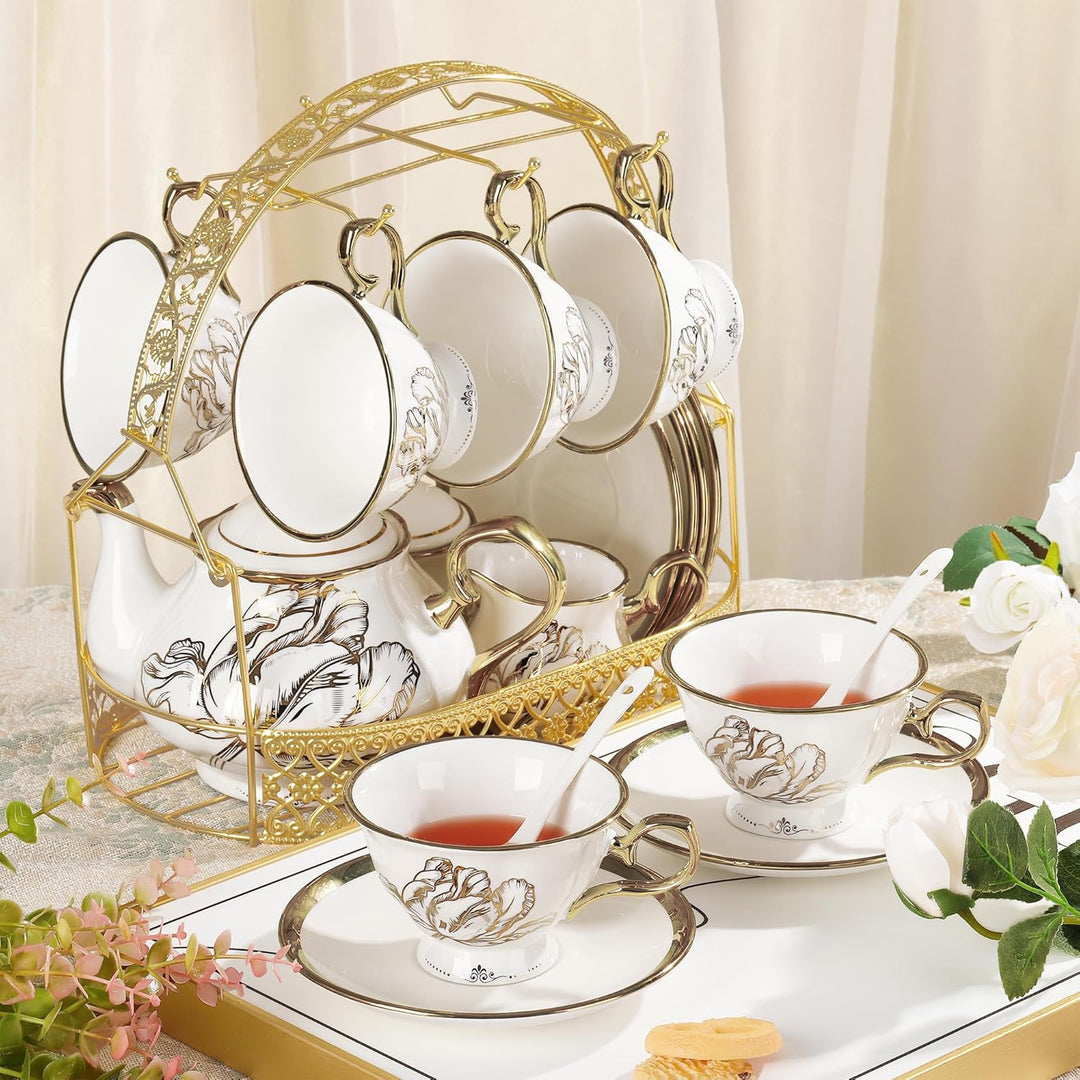 fanquare 21 Stück Britisch Vintage Porzellan Teeservice, Gold Florales Teeservice mit Goldrand, Kaff