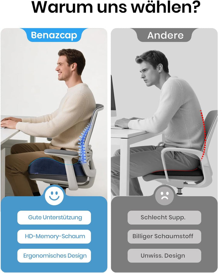 Benazcap Memory Foam Sitzkissen für Steissbein Schmerzlinderung, Bürostuhlkissen, Ergonomisches Stei