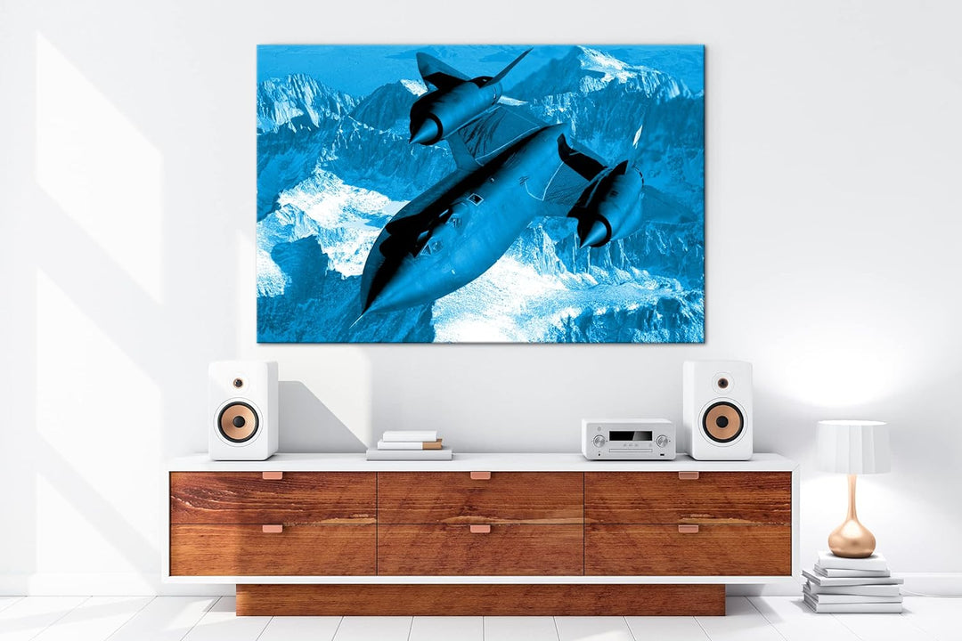 schwarzer Jet über den Bergen Format 80x60 Effekt: Monocrome Blau als Leinwandbild, Motiv fertig ger