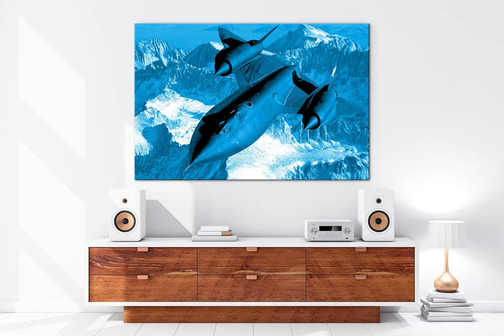 schwarzer Jet über den Bergen Format 80x60 Effekt: Monocrome Blau als Leinwandbild, Motiv fertig ger