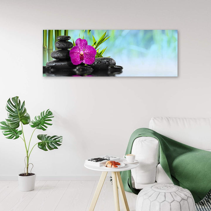 Wandbild XXL Steine Zen Deko Kunst Bilder Blume mehrfarbig 158x53 cm Deko Paneel 158x53 cm mehrfarbi