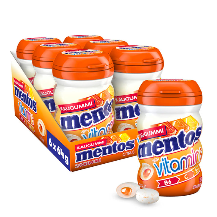 Mentos Kaugummi Vitamins Citrus, 6 Boxen zuckerfreie Chewing Gums mit Citrus-Geschmack, flüssiger Fü