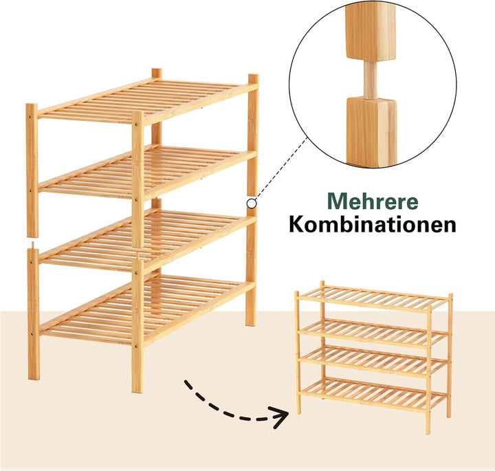 Schuhregal aus Bambus, Schuhablage mit 2 Ebenen, 68 x 28 x 32 cm, Erweiterbar Stapelbar, Schuhschran