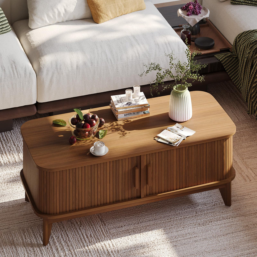 YOUDENOVA Couchtisch Holz mit Stauraum,Modern Wohnzimmertisch mit Schiebetüren im Tambour-Design,Bei