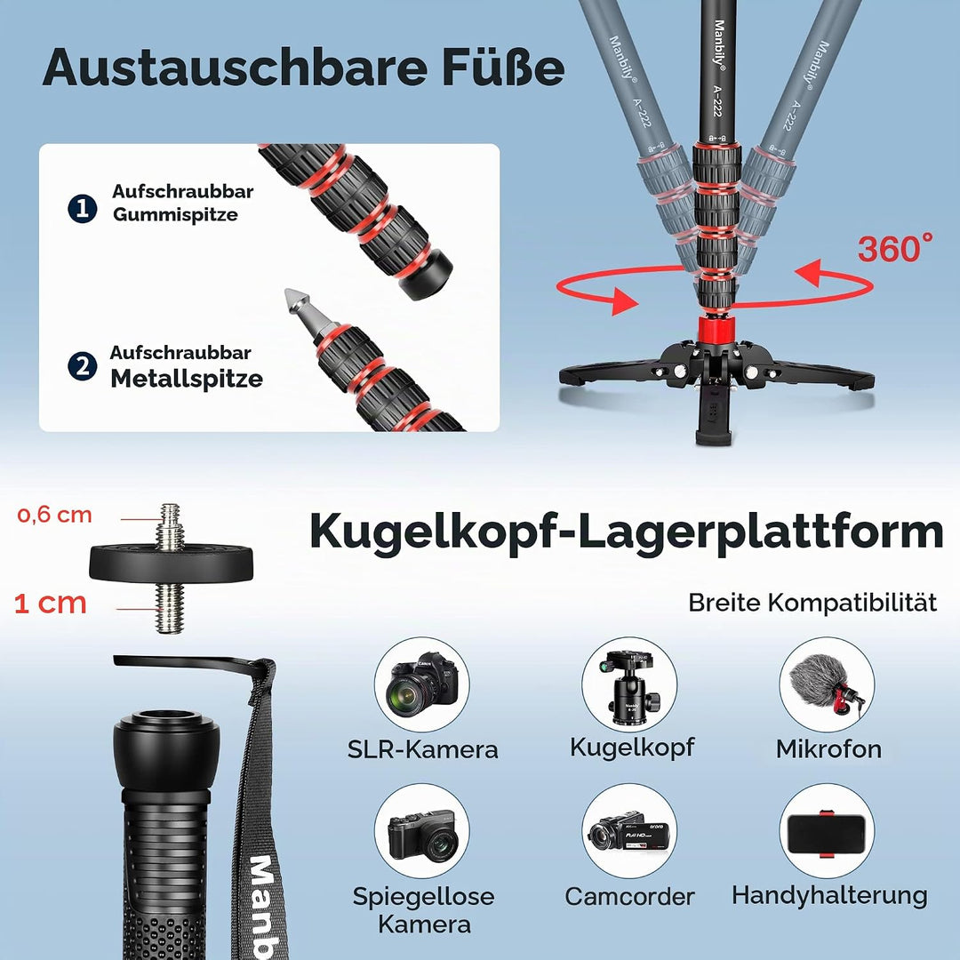 Manbily ausziehbares Kamera-Einbeinstativ aus Aluminium mit Füssen, tragbarer Reise- und abnehmbarer