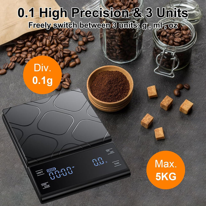 Digitale Kaffeewaage mit Timer 0,1g/5kg Hochpräzise Küchenwaage mit LED-Anzeige Tara Funktion und To