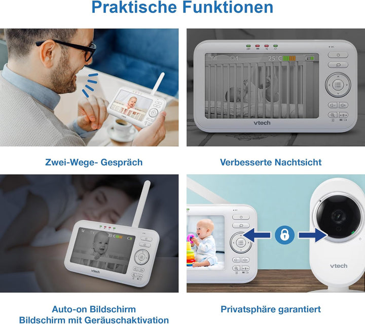 VTech VM5252 Babyphone mit Kamera, Babyfon mit beweglicher Kamera, 5" LCD-Farbbildschirm und Nachtsi