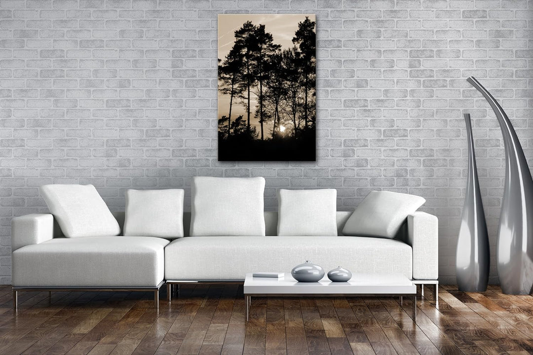Morgendämmerung zwischen den Bäumen Format: 80x60 Effekt: Sepia als Leinwand, Motiv fertig gerahmt a