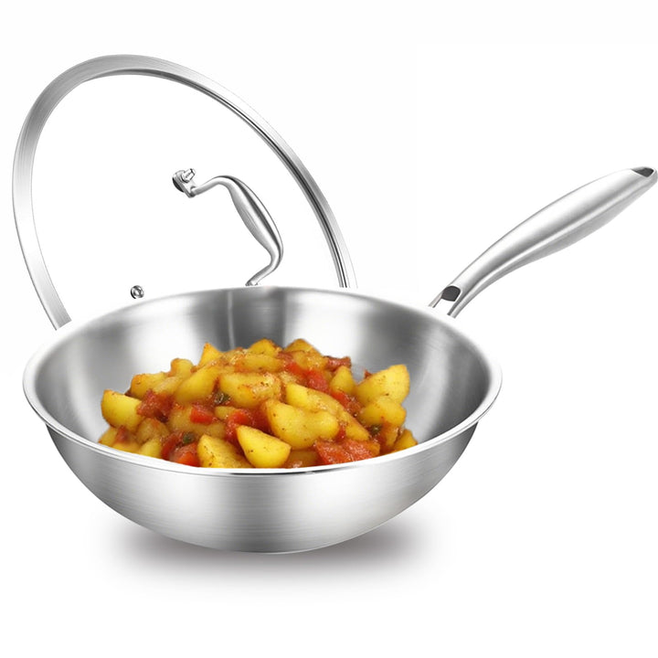Edelstahl Pfanne 24cm Induktions,Wokpfanne, Der ganze Topf aus dreilagigem Stahl, mit Deckel, indukt