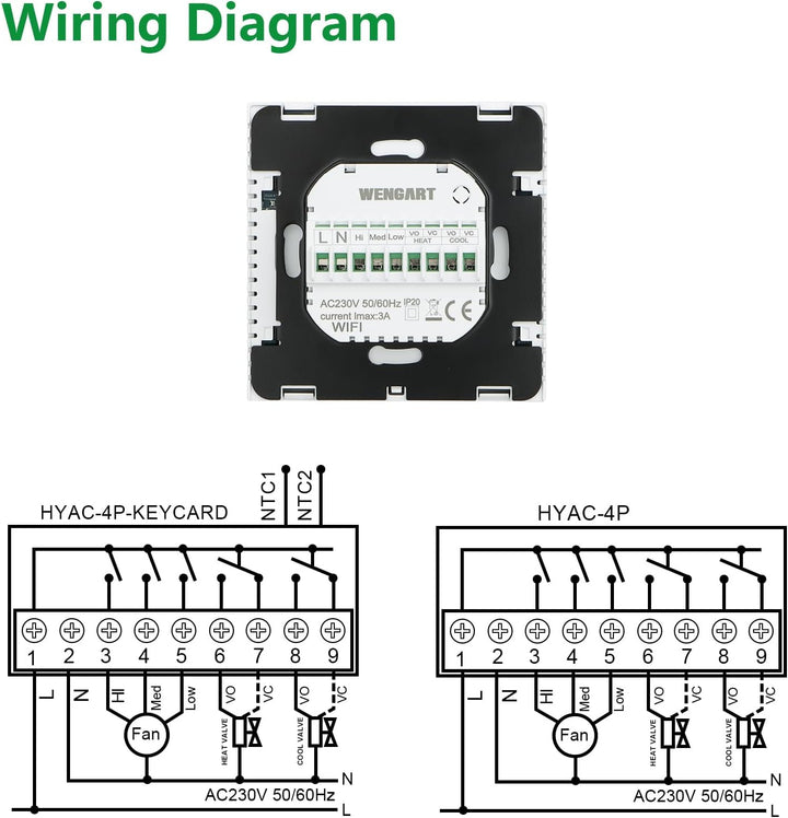 Wengart Lüfterspule Thermostat WG607AC, 4 Rohre, programmierbar, LCD-Display, 3 Lüftergeschwindigkei