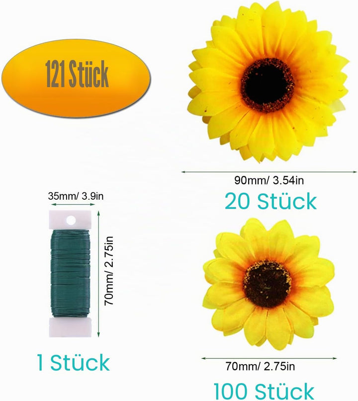 Woohome 120 Stück Künstliche Sonnenblumen 7CM und 9CM Kunstblumen Sonnenblumen Plastik Sonnenblume K