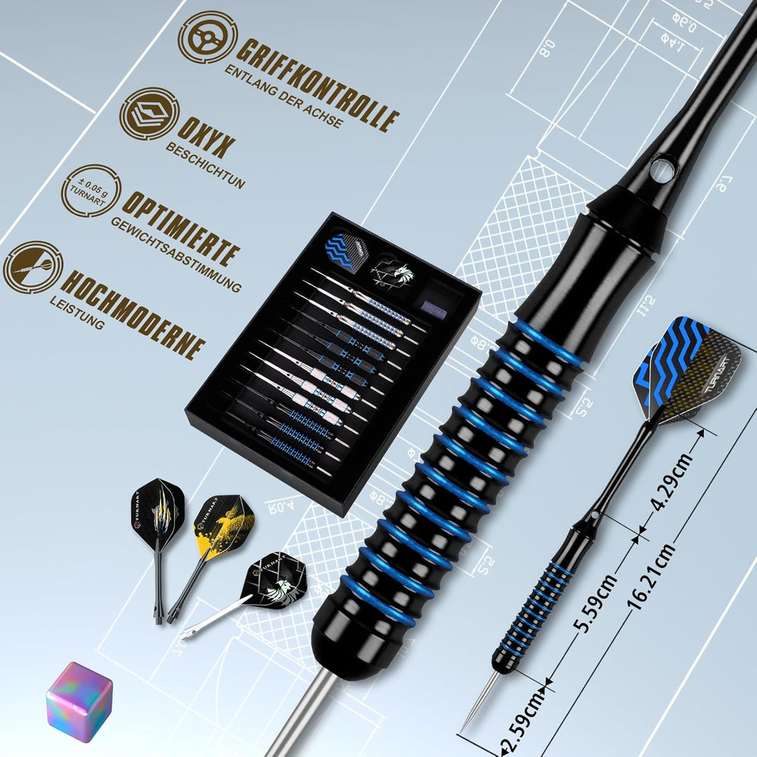 Turnart Dartpfeile mit Metallspitze, 12 Stück Profi Steeldarts mit Dart Case Blau -A, Blau -A