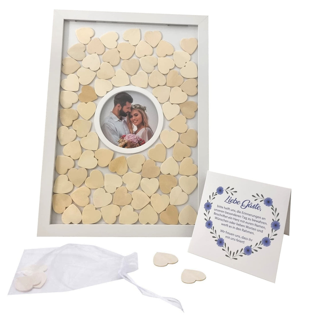 Jandiklee Gästebuch Holzrahmen inkl. Herzen aus Holz für Hochzeit, Taufe, Geburtstag (Fotorahmen run
