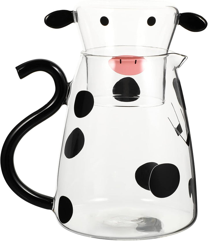 BESTonZON Glaskrug mit Tasse Kuh Figur Glaskaraffe Glaskanne Wasserkrug Eistee Kanne Saftkrug Getr?n
